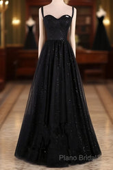 Black A-Line Tulle Straps Simple Long Formal Prom Dresses, Black Formal Dresses Party Dresses