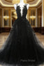 Black A-line Tulle with Lace Long Party Dresses, Black Formal Dresses Formal Prom Dresses