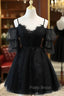 Black A line V Neck Lace Short/Mini Formal Prom Dresses, Black Puffy Homecoming Dresses