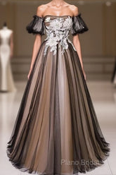 Black And Champagne Short Sleeves Tulle With Lace Party Dresses, A-Line Floor Length Formal Prom Dresses