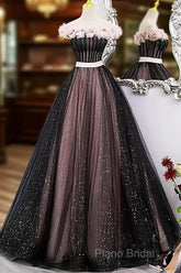 Black And Pink Tulle With Flowers Off Shoulder Party Dresses, Tulle Sweet 16 Dresses