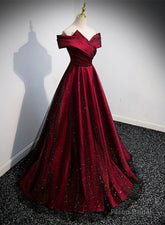 Black and Red Satin Off Shoulder Long Junior Prom Dress, A-line Satin Party Dress