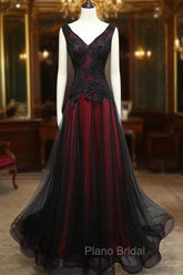 Black and Tulle V-neckline Beaded Lace Long Party Dresses, A-line Formal Prom Dresses Evening Dresses