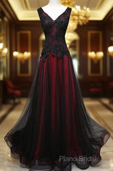 Black And Tulle V-Neckline Beaded Lace Long Party Dresses, A-Line Formal Prom Dresses Formal Dressess