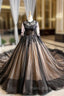 Black Ball Gown Tulle Lace Appliques Long Sleeve Luxury Formal Prom Dresses