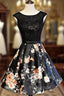 Black Floral Satin and Lace Round Neckline Short Party Dresses Formal Prom Dresses, Black Homecoming Dresses
