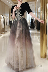 Black Gradient Tulle And Velvet Short Sleeves Party Dresses, A-Line Tulle Long Formal Dresses