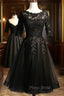 Black Lace and Tulle Short Sleeves Party Dresses Formal Dresses, Black Homecoming Dresses