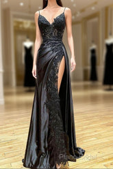 Black Long Appliques Formal Prom Dresses With Spaghetti Straps