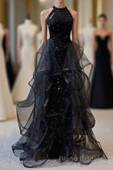 Black Long Mermaid Halter Sequined Tulle Formal Prom Dresses