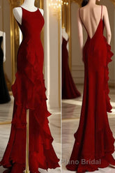 Black Mermaid Beach Wedding Dresses With Ruffles, Spaghetti Straps Backless Formal Prom Gown