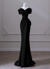 Black Mermaid Sweetheart Off Shoulder Prom Dress, Black Satin Evening Dress