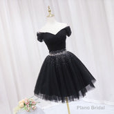 Black Off Shoulder Beaded Tulle Short Prom Dress, Black Homecoming Dress Formal Dress