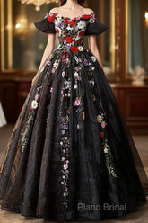 Black Off Shoulder Sweet 16 Dresses With Flowers, Black Ball Gown Formal Dresses