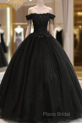 Black Off Shoulder Sweet 16 Formal Dresses With Lace, Black Long Formal Prom Dresses