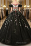 Black Off Shoulder Tulle Ball Gown Sweet 16 Dresses, Black Floral Formal Prom Dresses Party Dresses