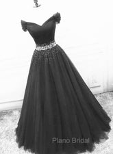 Black Off Shoulder Tulle Lace Beaded A-line Formal Prom Dresses, Black Junior Party Dresses