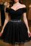 Black Off Shoulder Tulle Sequin Short Formal Prom Dress, Black Homecoming Dresses