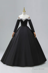 Black Off the Shoulder Pearls Long Sleeve Prom Dress, A-Line Evening Party Dress with Slit