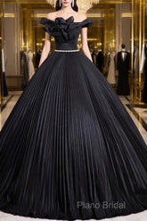 Black Pleated Long A-Line Party Gown With Rhinestone Sash, Elegant Off The Shoulder Formal Dresses