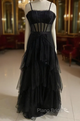 Black Formal Prom Dresses, Elegant A-line Layered Tulle Formal Prom Dresses,Sheer Corset Long Evening Dresses