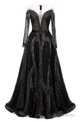 Black Prom Dresses A-line Heavily Beading Long Sleeves Women Evening Dresses