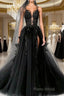 Black Round Neck Tulle Lace Long Formal Prom Dresses Black Tulle Formal Dresses