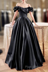 Black Satin Floor Length A-Line Formal Prom Dresses, Off The Shoulder Formal Party Dresses