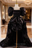 Black Satin Square Puff Sleeve Formal Prom Dresses