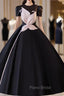 Black Satin Short Sleeve Ball Gown Formal Prom Dresses