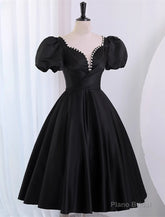 Black Satin Short Sleeves Knee Length Party Dress, Black Homecoming Dress