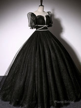 Black Scoop Neckline Long Prom Dress, Shiny Tulle Black Evening Dress