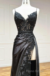 Black Spaghetti Straps Lace Appliques Formal Prom Dresses with Slit