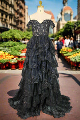Black Sparkly Corset Prom Dresses Off The Shoulder Tiered A-Line Sweetheart Neck Tulle Lace Evening Dresses