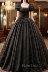 Black Square Neckline Tulle Long Formal Prom Dresses, Shiny Tulle Black Evening Dresses