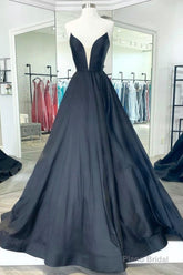 Black Strapless Satin Long Prom Dress, Black A-Line Evening Dress