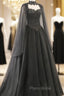 Black Sweetheart Tulle with Lace Long Sweet 16 Dresses, Black Formal Dresses with Cape