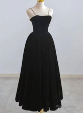 Black Tea Legnth Straps A-line Wedding Party Dress, Black Bridesmaid Dress