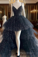Black Tulle A-Line Layers Long Party Dresses, Black Tulle Formal Prom Dresses