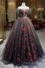 Black Tulle And Red Sequins Floor Length Formal Prom Dresses, Off The Shoulder Formal Party Dresses
