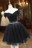 Black Tulle Beaded Short Formal Prom Dresses, Off Shoulder Evening Party Dresses