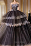 Black Tulle Flower Long Formal Prom Gown, Black Sweet 16 Dresses