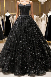 Black Tulle Long Formal Prom Dresses, Black Spaghetti Straps Formal Gown