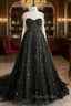 Black Tulle Long Formal Prom Dresses with Stars, Cute Spaghetti Straps Graduation Dresses
