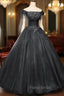 Black Tulle Off Shoulder with Lace Applique Party Dresses, Black Tulle Long Sweet 16 Dresses
