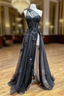 Black Tulle one Shoulder Appliques Split Formal Prom Dresses
