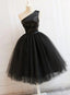 Black Tulle One Shoulder Elegant Tea Length Party Dresses, Black Formal Dresses