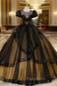 Black Tulle Puff Sleeve Appliques Beading Quinceanera Dresses