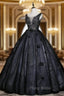 Black Tulle Sequins V-neck Appliques Quinceanera Dresses