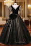 Black Tulle Sequins V-neck Short Sleeve Quinceanera Dresses